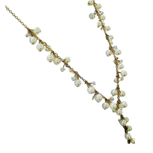 Vintage White Faux Pearl Cluster Gold Tone Drop Long Chain Link Y Necklace 26” - Picture 2 of 8